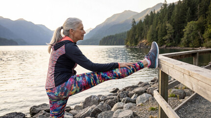 An elderly woman doing stretching exercises outdoors. An active, healthy lifestyle.