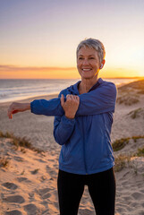 An elderly woman doing stretching exercises outdoors. An active, healthy lifestyle.