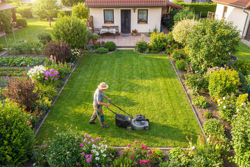 An elderly retired man mows the lawn at his country house