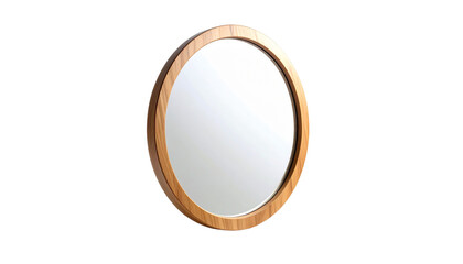 Elegant round wall mirror with a natural light wood frame, classic circular design for modern interior decor. Isolated object with a transparent background for easy composition and design projects.