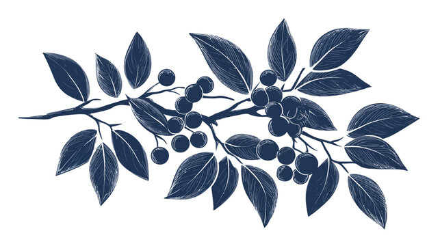 Elegant hand-drawn botanical branch illustration with dark blue berries and leaves, decorative foliage art on white background.