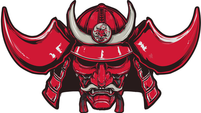 Fierce Red Samurai Helmet and Mask Illustration - Traditional Japanese Warrior Armor Vector Graphic