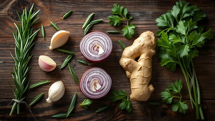 A flat-lay composition of fresh rosemary, garlic cloves, red onion halves, ginger pieces, and coriander leaves placed neatly on a rustic wooden surface, gentle greenish daylight filtering across.