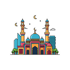 Colorful Mosque with Minarets and Domes at Night vector illustration