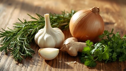 A natural kitchen-style scene with fresh rosemary, peeled garlic, sliced onion, whole ginger, and coriander arranged casually on a wooden countertop, soft green highlights and warm shadows.