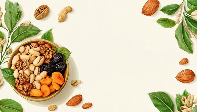 Assorted Nuts in a Bowl with Green Leaves on a Light Background for Healthy Snacking and Nutritional Content