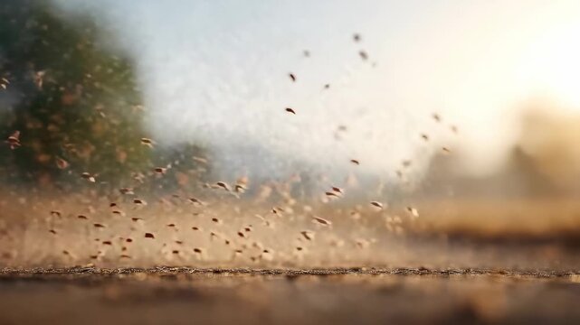 Mosquito swarm hovering low near ground during golden sunset, creating ethereal atmospheric scene with silhouetted flying insects against warm evening light