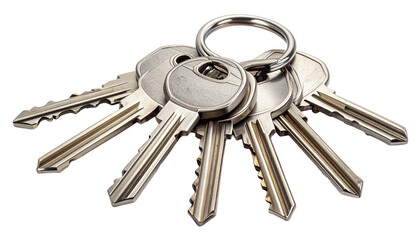 A bunch of metallic house keys attached to a silver key ring. This isolated object represents concepts like security, access, and property ownership, with a convenient transparent background.