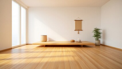 Fototapeta premium Bright minimalist living room featuring wooden flooring and natural light. A serene atmosphere with simple decor and plants.