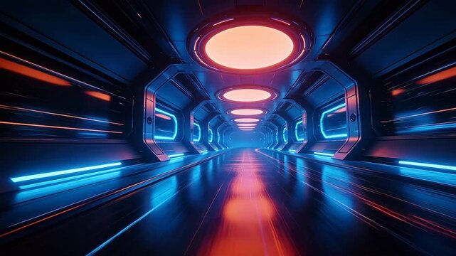 Futuristic tunnel with glowing round lights and neon red blue strips