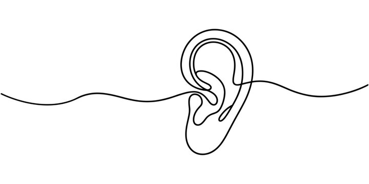 Minimalist continuous line drawing of a human ear on white background. No editable stroke