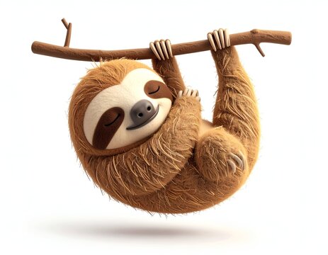 Adorable Cartoon Sloth Hanging on a Branch with a Peaceful Smile.