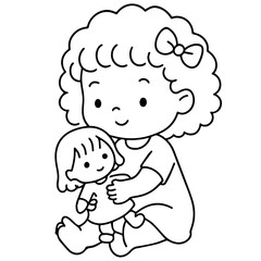 Obraz premium Cute Baby Girl with Curly Hair – Cartoon Vector Outline Illustration