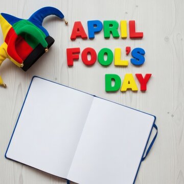 Colorful jester hat and open notebook with april fool's day lettering