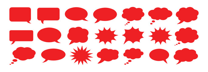 Red speech bubble set featuring various comic chat boxes and thinking cloud shapes for creative communication © Sumon