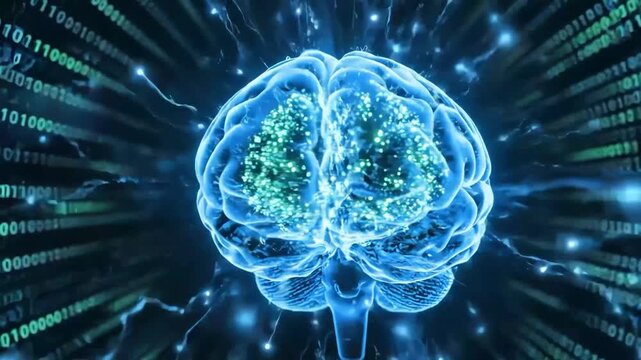 Glowing blue brain with neural connections and binary code