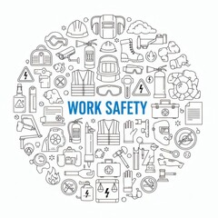 Fototapeta premium Illustration of various work safety symbols and equipment in a circular design.