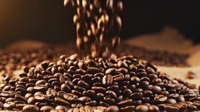 Pouring coffee beans creating pile with warm tones and textured background