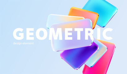 Transparent and glass geometric shape.  Abstract composition of 3D squares and rectangles in liquid glass style. Vector design elements.