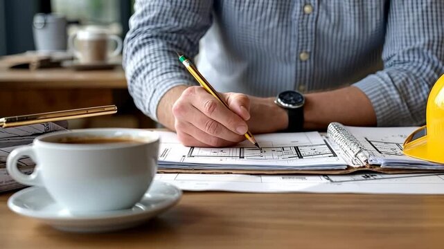 Person working at a table with coffee and plans in a bright space during the day while making notes