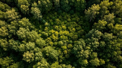 Aerial view of lush green forest canopy from above the treetops