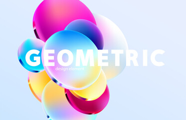 Transparent and glass geometric shape.  Abstract composition of 3D circle and ovals in liquid glass style. Vector design elements.