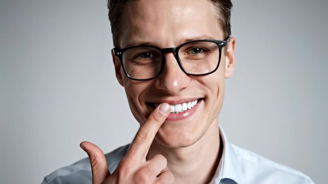 Young handsome businessman with glasses smiling while touching his perfect white teeth, promoting good oral hygiene and successful dental care after visiting the orthodontist