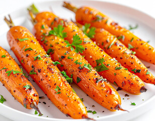 Whole fresh roasted carrots sprinkled with fresh parsley, white plate, closeup. AI