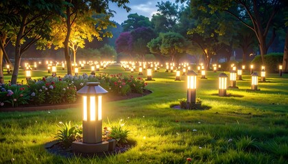 Lush park at dusk with glowing lanterns illuminating manicured lawns and blooming flowers. Evening ambiance with light