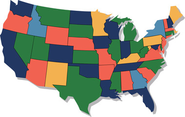 United States map colorful states illustration isolated on grey checkered background with diverse regions