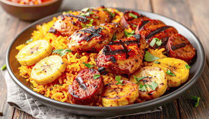Plate of Jollof rice served with grilled chicken and sausage pieces, fried plantains, closeup. AI