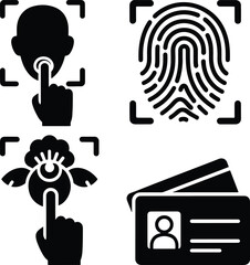 Biometric security vector icons including fingerprint face ID retina scan and identity card symbols