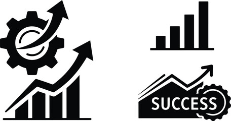 Vector collection of business growth icons with charts and arrows indicating success