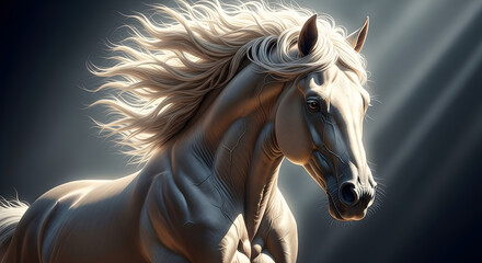 Majestic white horse with flowing mane in dramatic cinematic lighting, ethereal stallion portrait