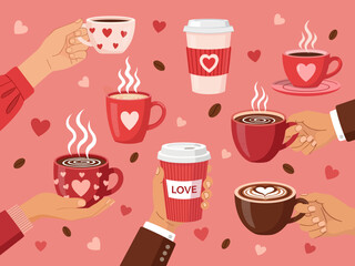 Large collection of Valentine's Day coffee and hot chocolate drinks with hands holding cups.