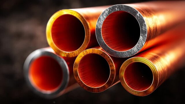 Close-up view of five copper pipes with shiny metallic edges, showcasing the gradual transition of light and texture, set against a dark background emphasizing their cylindrical shapes
