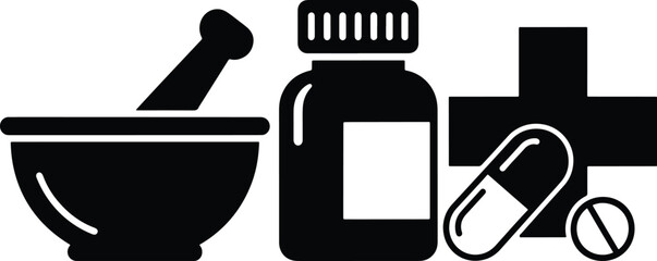Pharmacy medical vector icons with mortar pestle medicine bottle pills and cross symbol