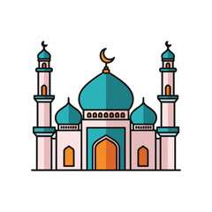 Islamic mosque with crescent moon and minarets flat design vector illustration in turquoise and beige colors