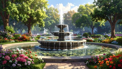 Lush park scene with a tiered fountain as the centerpiece. Flowers border a stone path, and vibrant trees create a serene atmosphere
