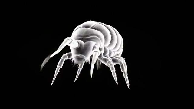 Detailed rendering of grain mite rotating, displaying segmented anatomy, multiple appendages, and intricate sensory structures against uniform black background