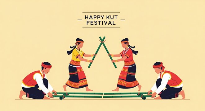 Flat Vector Illustration of Cheraw Bamboo Dance Happy Kut Festival