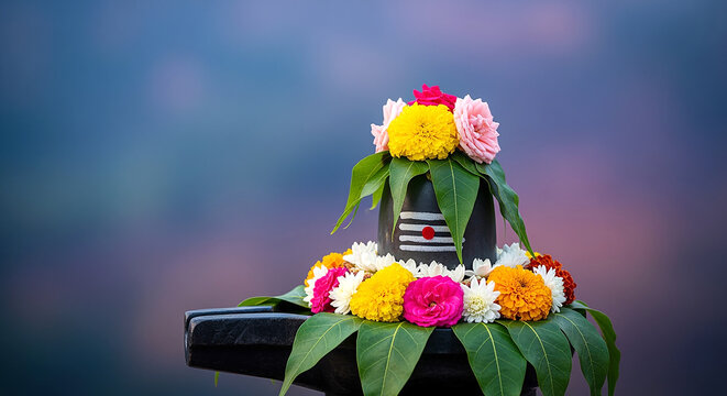 Shiva, depicted as a lingam (phallic symbol), with a droplet of water being poured over the top. The lingam is adorned with marigold flowers and green leaves. The background is a blurred, natural sett