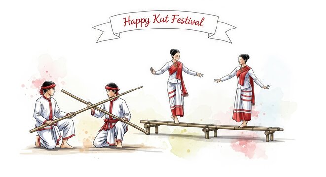 Watercolor Illustration of Cheraw Bamboo Dance Happy Kut Festival