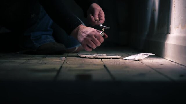 Addict burning Illegal drugs in abandoned house