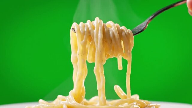 Hand twirling steaming hot pasta with fork against green background