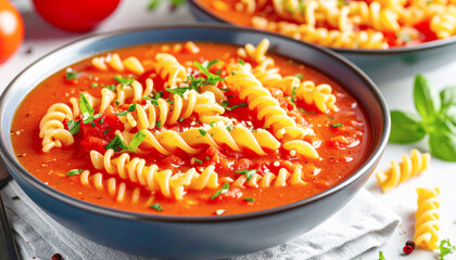 Tomato soup with rotini pasta in a bowl, closeup.