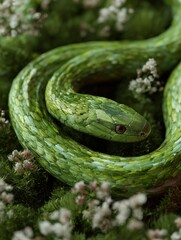 Fototapeta premium A bright green snake resting elegantly on lush foliage adorned with delicate white flowers, showcasing nature's vibrant harmony.