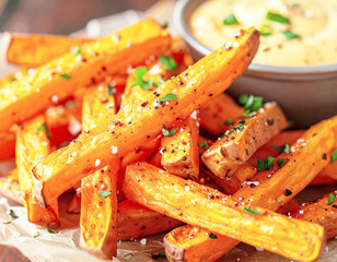 Sweet potato fries with a cheesy dipping sauce, macro shot. AI