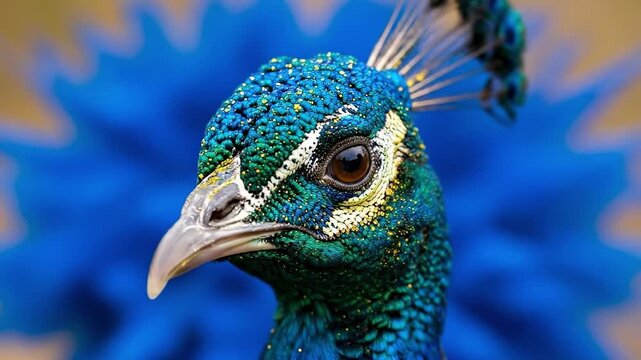 Close up portrait of a beautiful male peacock head with vibrant blue and green feathers and a majestic crest against a blurred blue background.
