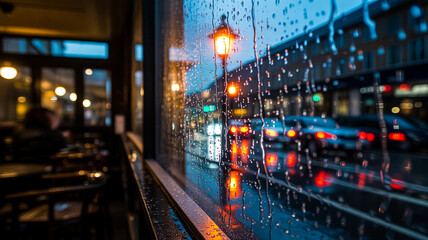 Obraz premium Cozy cafe view through window beaded with heavy evening rain drops